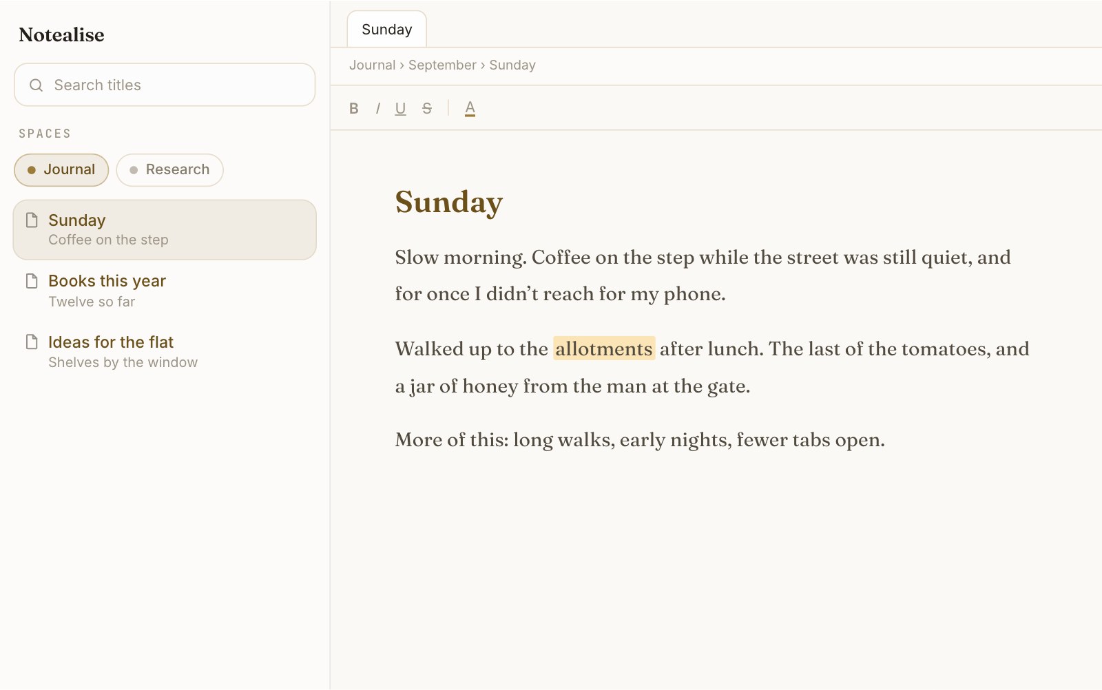 The Journal space: light cream paper, serif type and roomy lines, open on a Sunday diary entry.