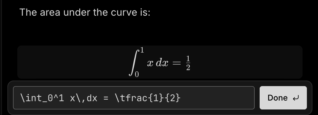 A formula centred on its own line, the integral of x from 0 to 1 equals a half, with its box below