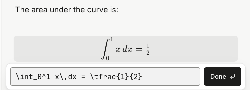A formula centred on its own line, the integral of x from 0 to 1 equals a half, with its box below