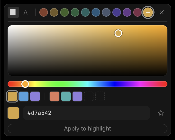 The colour square, the strip beneath it, recent and starred colours, and the hex box