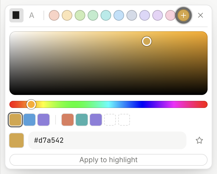 The colour square, the strip beneath it, recent and starred colours, and the hex box