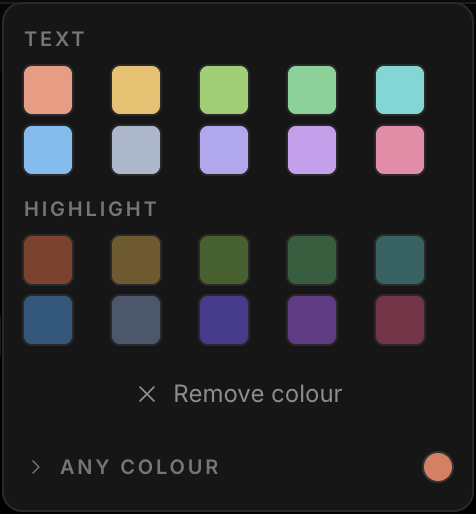 The A menu on the format bar, with Remove colour under the two rows of colours