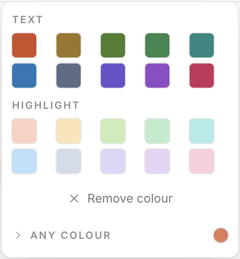 The A menu on the format bar, with Remove colour under the two rows of colours