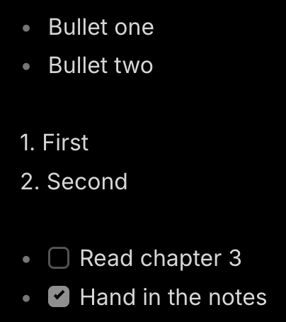 A bulleted list, a numbered list and a checklist with one item ticked
