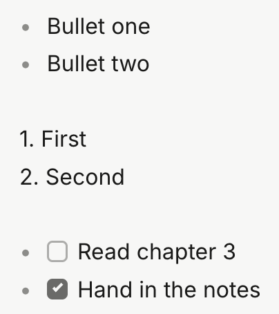 A bulleted list, a numbered list and a checklist with one item ticked
