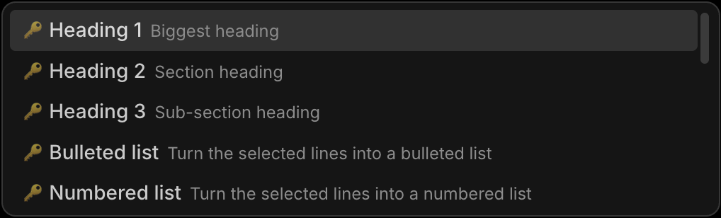 The / menu, listing Heading 1, Heading 2, Heading 3, Bulleted list and Numbered list