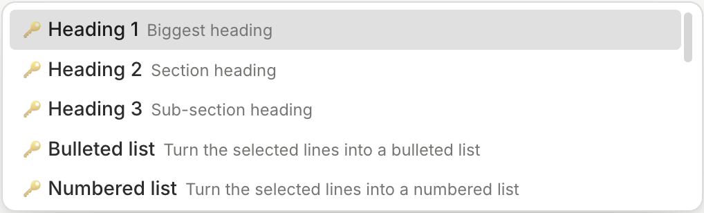 The / menu, listing Heading 1, Heading 2, Heading 3, Bulleted list and Numbered list